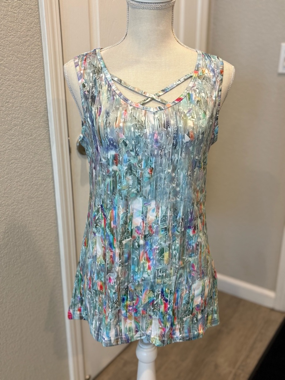 Sleeveless Crisscross Neckline Women’s Top in Aqua Multi